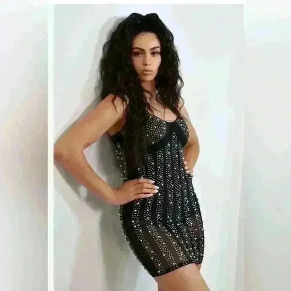 Women’s Light Sheer Top Layer Dress adorned in Rhinestones and Pearls Size Small - Picture 2 of 6